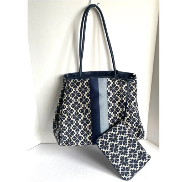 Kate Spade Everything Tote Large Flower Jacquard Stripe Blue Wristlet Adjustable - Picture 2 of 16